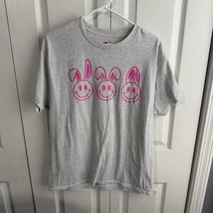 Hanes Gray Short Sleeve Pink Bunny Graphic Tee Women's Size Large Easter Teacher